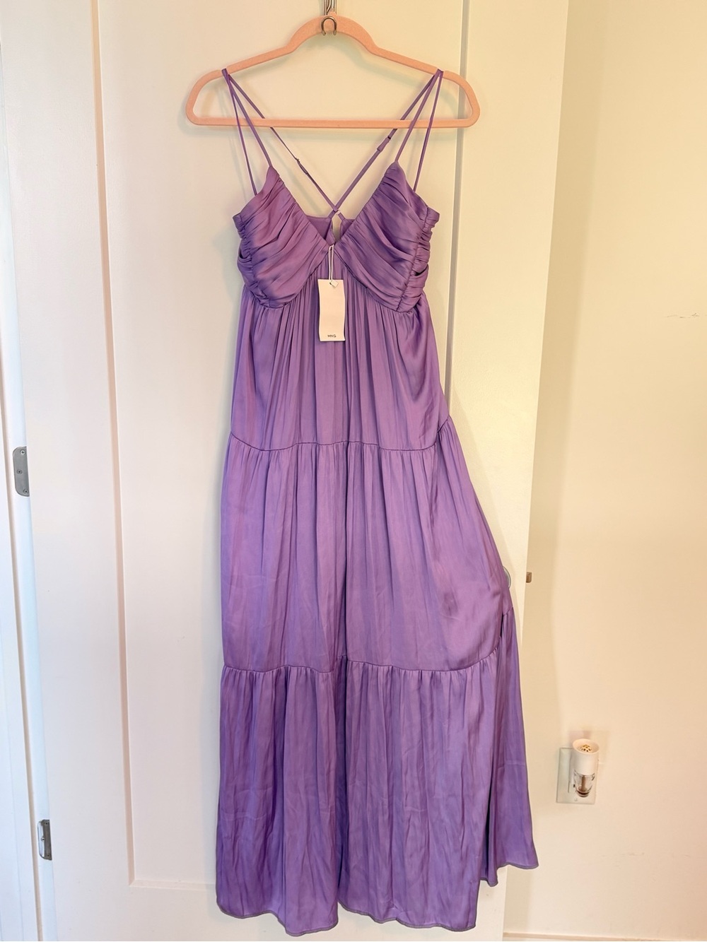 Mango Lavender Tiered Maxi Dress with Ruched Bodice